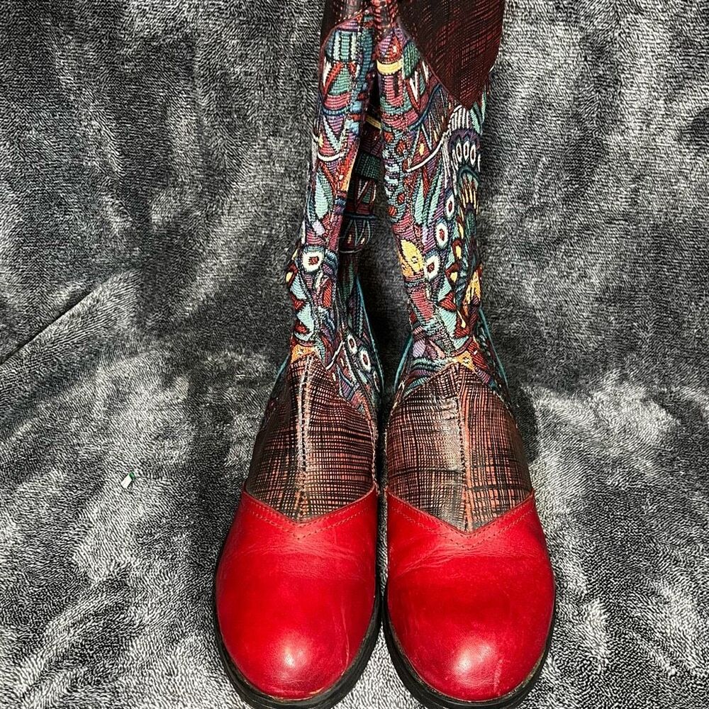 Socofy Bohemian Splicing Pattern Zipper Flat Leather Knee Boots Size 7US/ 38 EU - Picture 4 of 7